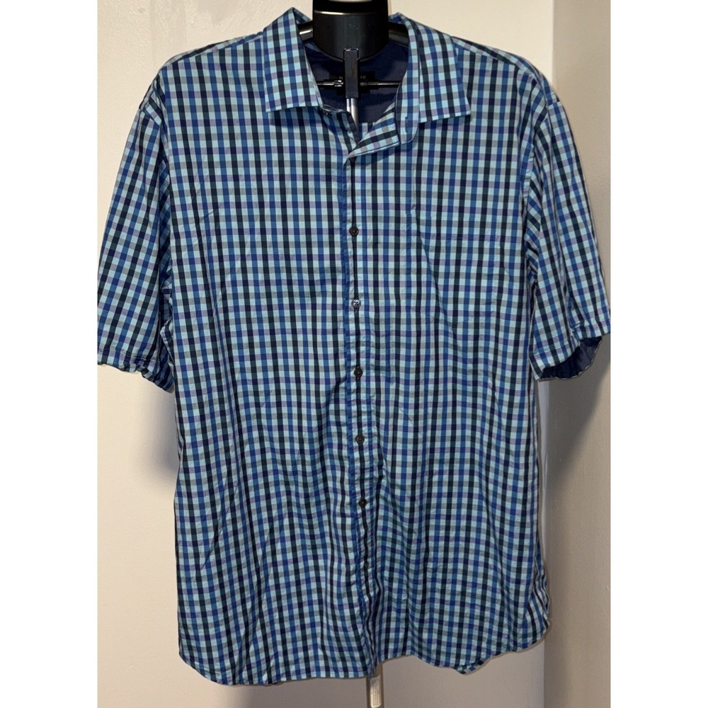 Bugatchi Shaped Fit 2XL Plaid Short Sleeve Button Up Shirt DARK Blue/LIGHT BLUE